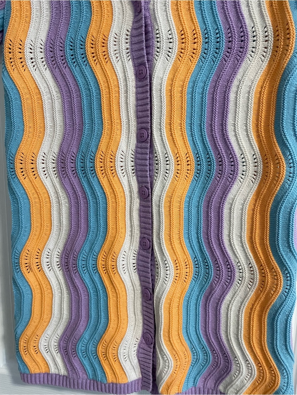 Simons Striped Wave Knit Button-Up Dress in Pastel Purple, Blue, Yellow - Picture 3 of 4